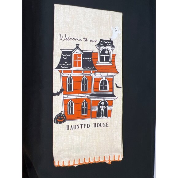 Welcome To Our Haunted House Dish Towel 25x15 Inches Beige & Orange Cotton Hallo - Picture 2 of 3